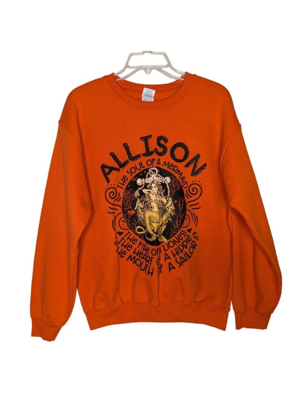 GILDAN Heavy Blend long sleeve Orange Black ALLISON Mermaid Sweatshirt Size M - Picture 7 of 8